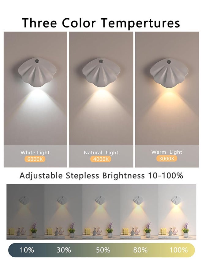 Motion Sensor Night Wall Lighting, Rechargeable Battery Operated Wall Lighting, Dimmable 3 Colors Temperature LED Shell Lamp, Wireless Magnetic Wall Light for Bedroom Staircase Hallway,White (1 Pack, White) - Image 3