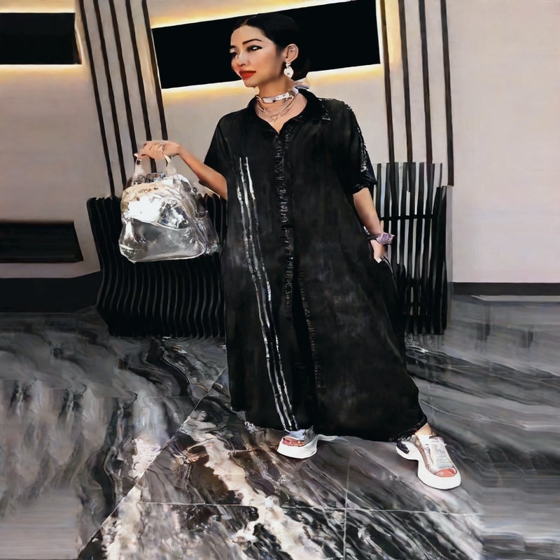 فستان نسائي منتصف الطول بأكمام ثلاثة أرباع من الدنيم المخطط لفصلي الربيع والصيف - Image 2