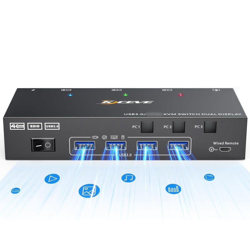 مفتاح KVM للشاشتين USB 3.0 متوافق مع HDMI، مفتاح KVM لشاشتين و3 أجهزة كمبيوتر بدقة 4K@60Hz و2K@144Hz، مزود بمحاكي EDID، مفتاح KVM للشاشتين مع 4 منافذ USB 3.0، يشمل جهاز تحكم عن بعد سلكي وكابلات - Image 2
