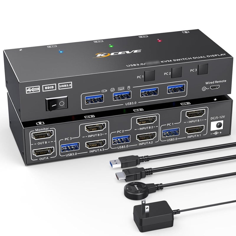 مفتاح KVM للشاشتين USB 3.0 متوافق مع HDMI، مفتاح KVM لشاشتين و3 أجهزة كمبيوتر بدقة 4K@60Hz و2K@144Hz، مزود بمحاكي EDID، مفتاح KVM للشاشتين مع 4 منافذ USB 3.0، يشمل جهاز تحكم عن بعد سلكي وكابلات - Image 1