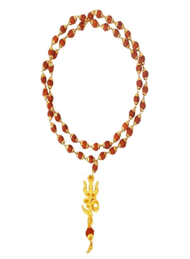 ASTRODIDI Brass Lord Shiv Trishul Om Pendant With Rudraksha Cap Mala (Brown and Golden Color)