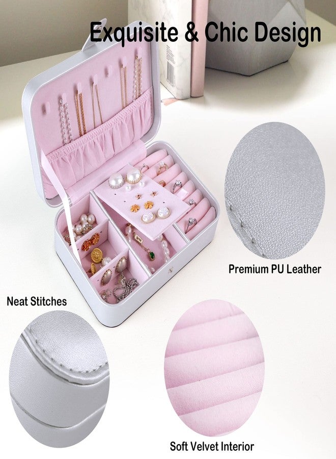 Kendal Travel Jewelry Box, Small Portable Jewelry Organizer Case for Women, Earing Organizer, Leather Portable Jewelry Storage Boxes for Rings Earrings Necklaces Bracelets (Pearlize Silver) - Image 4