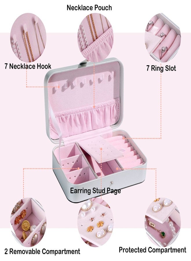 Kendal Travel Jewelry Box, Small Portable Jewelry Organizer Case for Women, Earing Organizer, Leather Portable Jewelry Storage Boxes for Rings Earrings Necklaces Bracelets (Pearlize Silver) - Image 5