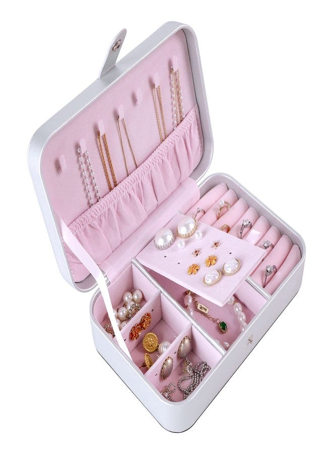 Kendal Travel Jewelry Box, Small Portable Jewelry Organizer Case for Women, Earing Organizer, Leather Portable Jewelry Storage Boxes for Rings Earrings Necklaces Bracelets (Pearlize Silver) - Image 1