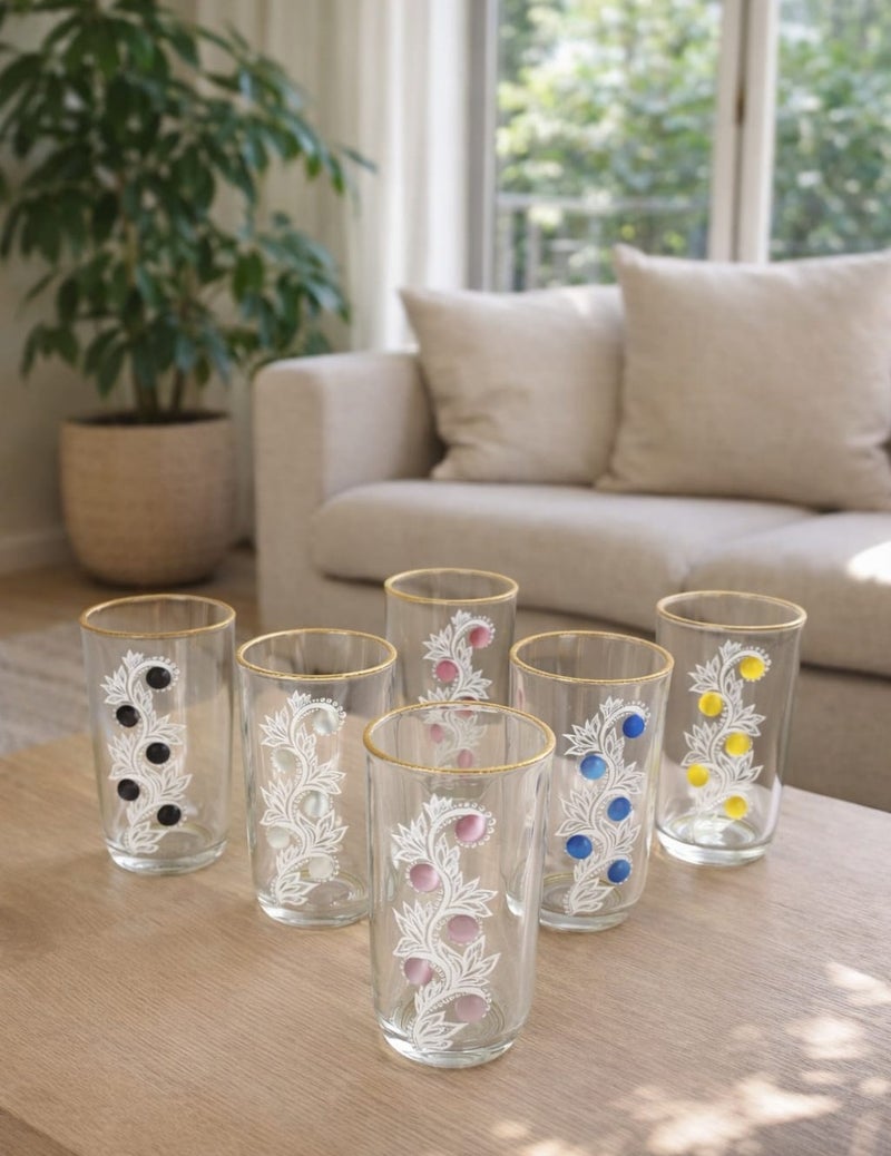 Radin 6 Pieces Premium Glass Set with Gold Rim & Embossed Floral Pattern – Stylish Juice & Water Glasses - Image 1
