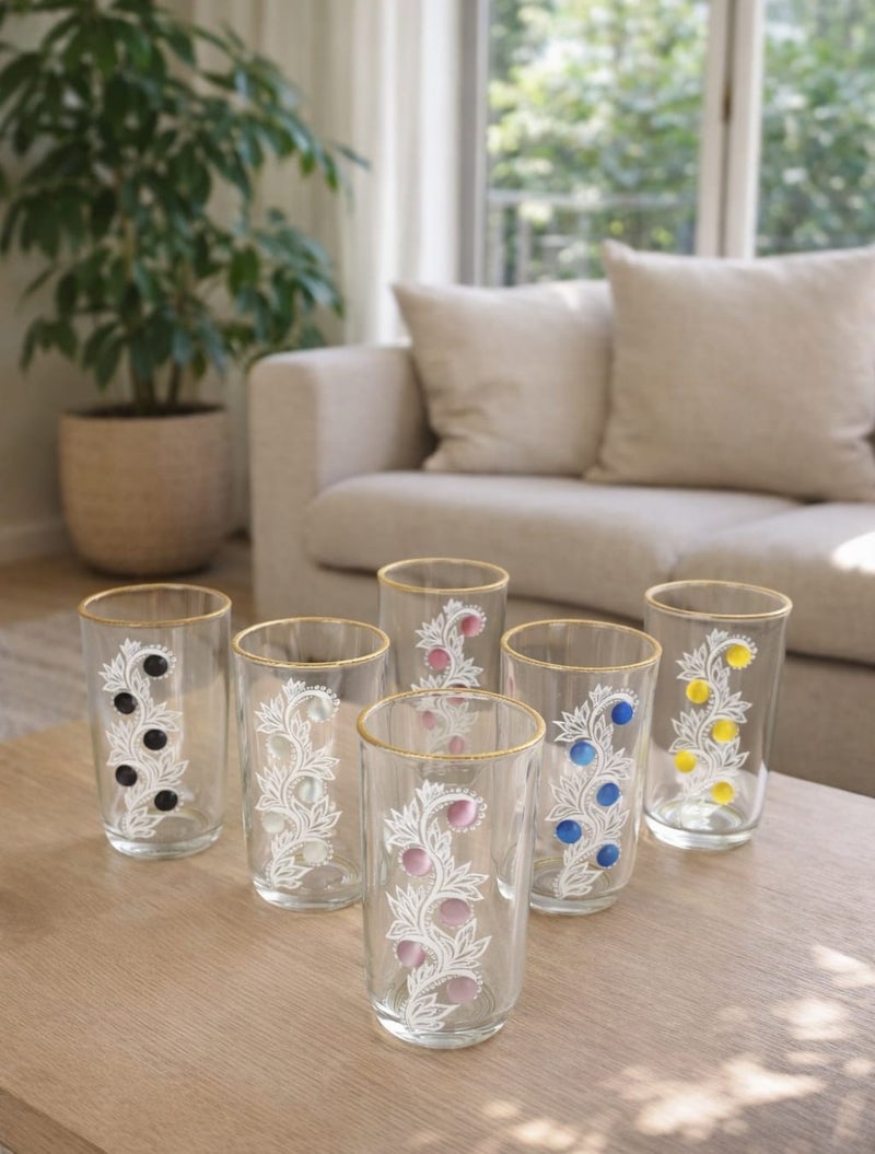 Radin 6 Pieces Premium Glass Set with Gold Rim & Embossed Floral Pattern – Stylish Juice & Water Glasses - Image 2