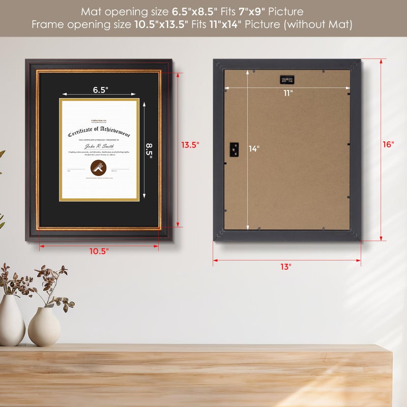 Golden State Art, 11x14 Document Frame for 7x9 Photos Diploma/Certificate, Wall Hang Frame, Black Gold & Burgundy Color, Includes Black Over Gold Double Mat and Real Glass (1-Pack) - Image 3
