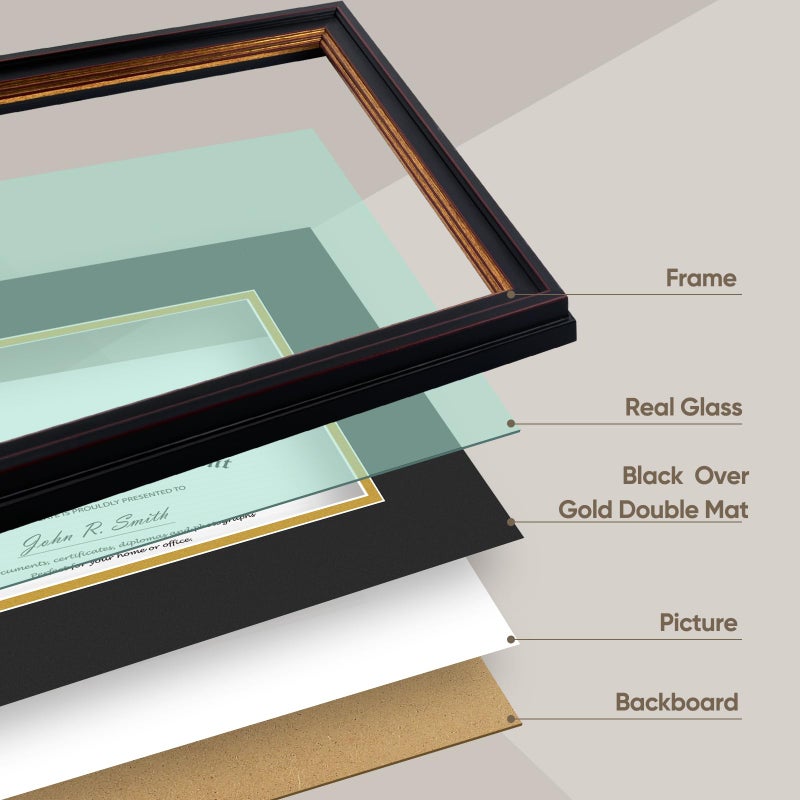 Golden State Art, 11x14 Document Frame for 7x9 Photos Diploma/Certificate, Wall Hang Frame, Black Gold & Burgundy Color, Includes Black Over Gold Double Mat and Real Glass (1-Pack) - Image 5