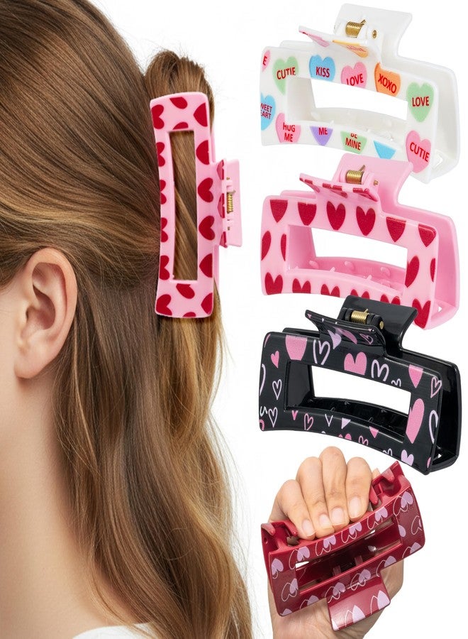 PANTIDE 4Pcs Valentine's Day Silicone Hair Claw Clips for Women Girls - Heart Flexible Large Bendable Candy Rectangle Nonslip Banana Hair Clip, Thin Thick Short Long Curly Accessories, Valentines Gift - Image 1