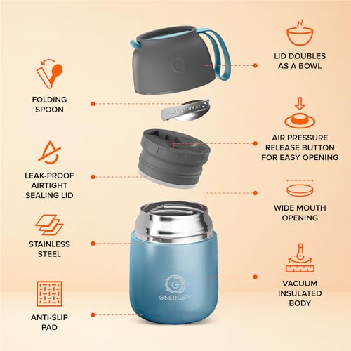 ENERGIFY Vacuum Insulated Food Jar. Large 17oz Bowl incl. Folding Spoon, Cup. Wide Mouth Keep Hot & Cold Drinks Soup Lunch Container for Adults. BPA-Free Stainless Steel, Leak Proof Shiny Blue - Image 2