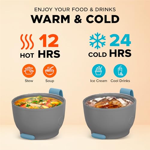 ENERGIFY Vacuum Insulated Food Jar. Large 17oz Bowl incl. Folding Spoon, Cup. Wide Mouth Keep Hot & Cold Drinks Soup Lunch Container for Adults. BPA-Free Stainless Steel, Leak Proof Shiny Blue - Image 3
