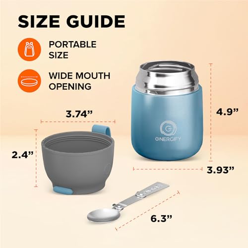 ENERGIFY Vacuum Insulated Food Jar. Large 17oz Bowl incl. Folding Spoon, Cup. Wide Mouth Keep Hot & Cold Drinks Soup Lunch Container for Adults. BPA-Free Stainless Steel, Leak Proof Shiny Blue - Image 4