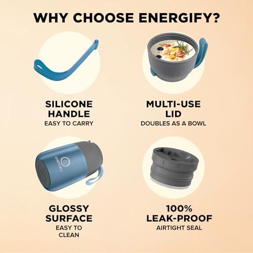 ENERGIFY Vacuum Insulated Food Jar. Large 17oz Bowl incl. Folding Spoon, Cup. Wide Mouth Keep Hot & Cold Drinks Soup Lunch Container for Adults. BPA-Free Stainless Steel, Leak Proof Shiny Blue - Image 5