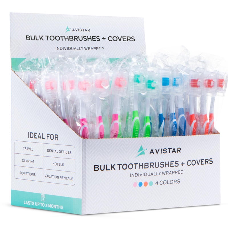 104 Pack Bulk Toothbrushes wCover Caps Individually Wrapped Disposable Travel Toothbrush Value Size Long Lasting 3 Months MedSoft Manual Teeth Brush Bristles 4 Colors Red Green Blue Pink