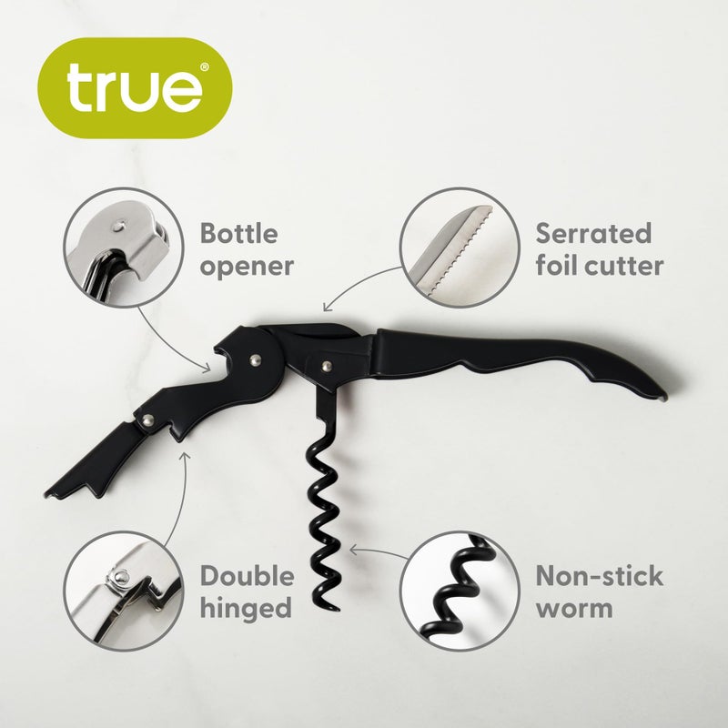 True Truetap Double Hinged Waiter's Corkscrew Wine Opener, Stainless Steel Wine Bottle Opener with Built In Foil Cutter, Home Bar Tools, Bar Cart Accessories, Wedding Gifts, Set of 1, Matte Black - Image 2