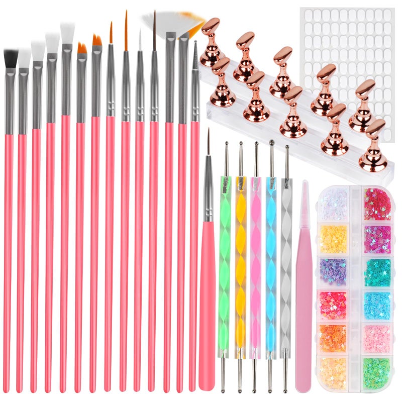 vivinin 25PCS Nail Art Tools Set, Includes Nail Art Brushes, Nail Stand, Dotting Tools, Striping Liner Fingernail Drawing Pens, Jelly Glue, tweezers, Sequins, Professional Nail Art Supplies Kit - Image 1