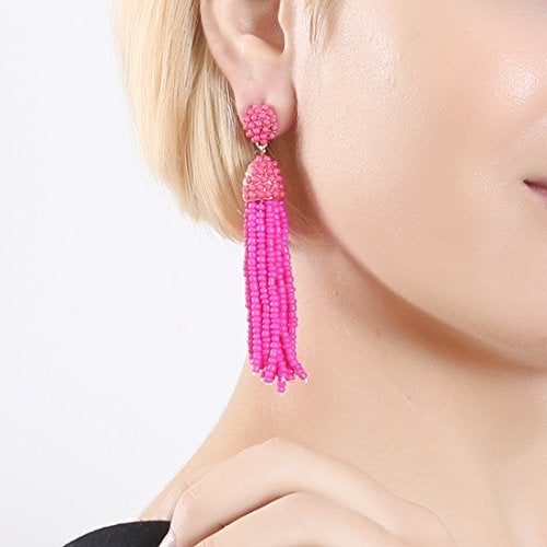 NLCAC Women's Beaded tassel earrings Long Fringe Drop Earrings Dangle Fuchsia - Image 2