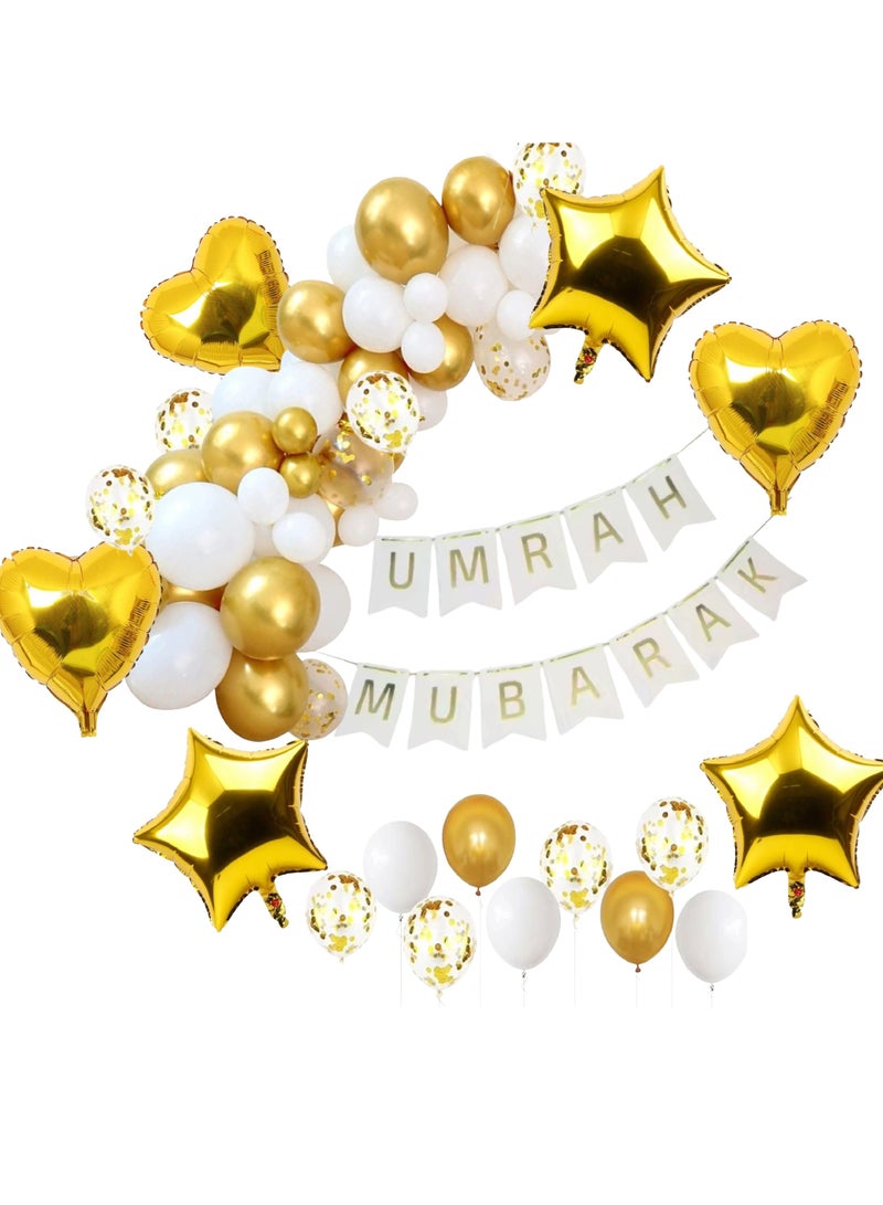 Boxwoods Umrah Mubarak Banner With White Gold Theme Chrome Confetti And Foil Balloons - Image 1