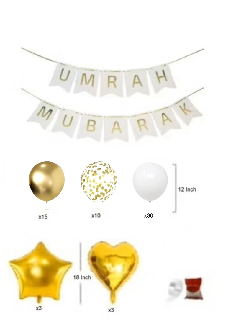Boxwoods Umrah Mubarak Banner With White Gold Theme Chrome Confetti And Foil Balloons - Image 2