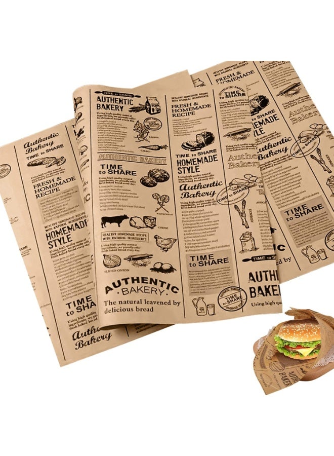 100 Pack Vintage Newspaper Greaseproof Paper – Oil Resistant Food Wrapping Paper for Burgers, Sandwiches, Bread, Fries, Pastries and Baking – Eco Friendly Food Safe Paper 28 × 38 cm - Image 1