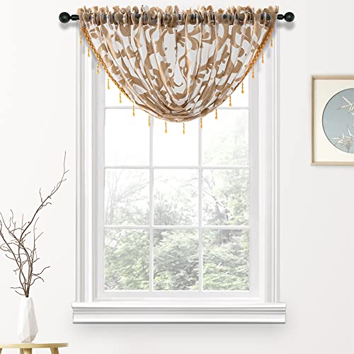 NAPEARL Swag Valance for Windows Beige Organza Sheer Waterfall Curtain, Elegant Beaded, for Bathroom, Kitchen, Small Windows (1 Valance, 40 x 17 Inch) - Image 1