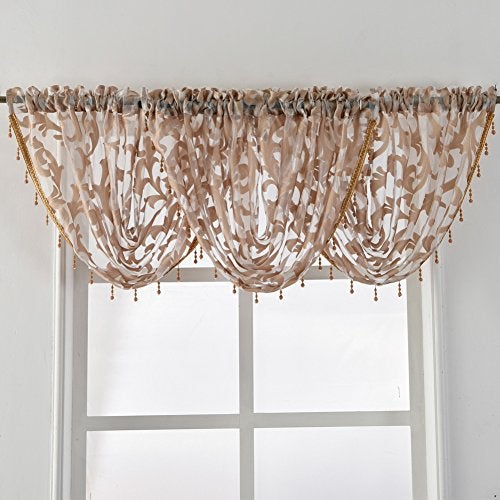 NAPEARL Swag Valance for Windows Beige Organza Sheer Waterfall Curtain, Elegant Beaded, for Bathroom, Kitchen, Small Windows (1 Valance, 40 x 17 Inch) - Image 2