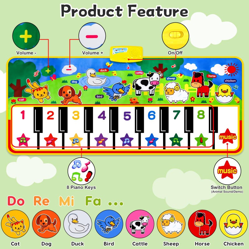 M SANMERSEN Piano Mat - 53" x 23" Musical Mat 8 Animals Sounds Dance Mat for Kids Touch Play Dancing Mat Toy Gifts for 1 2 3 4 5 6 Year Old Girls Boys - Image 2