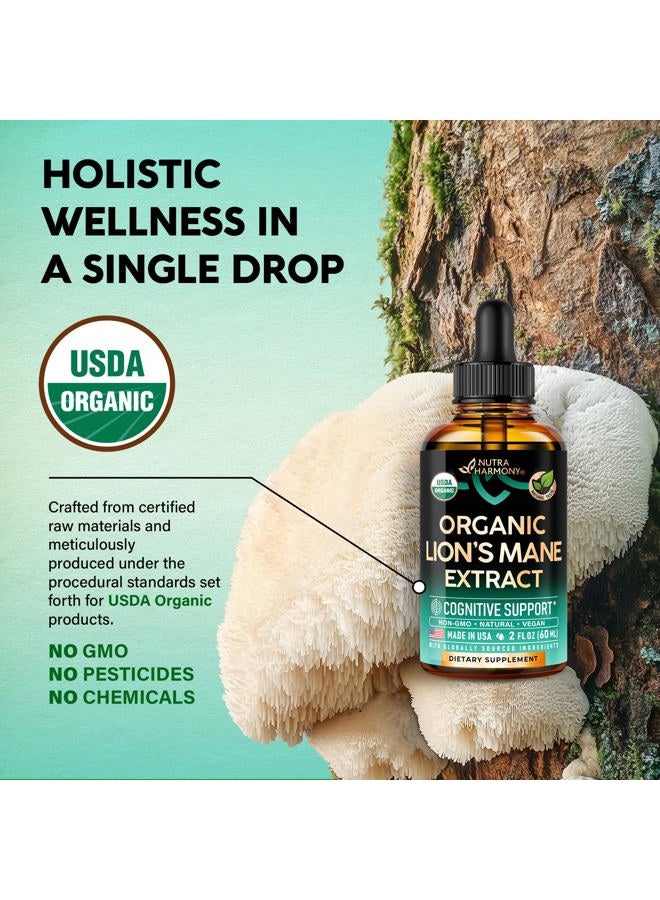 NUTRAHARMONY Lions Mane Liquid - USDA Certified Organic Lions Mane Supplement - Brain Support, Energy, Memory & Focus - Sugar & Alcohol-Free Lions Mane Mushroom Extract 72,000 mg/Bottle - 2 Fl OZ, 2 Month Supply - Image 3