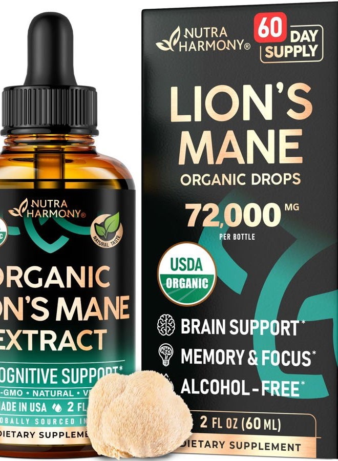 NUTRAHARMONY Lions Mane Liquid - USDA Certified Organic Lions Mane Supplement - Brain Support, Energy, Memory & Focus - Sugar & Alcohol-Free Lions Mane Mushroom Extract 72,000 mg/Bottle - 2 Fl OZ, 2 Month Supply - Image 1