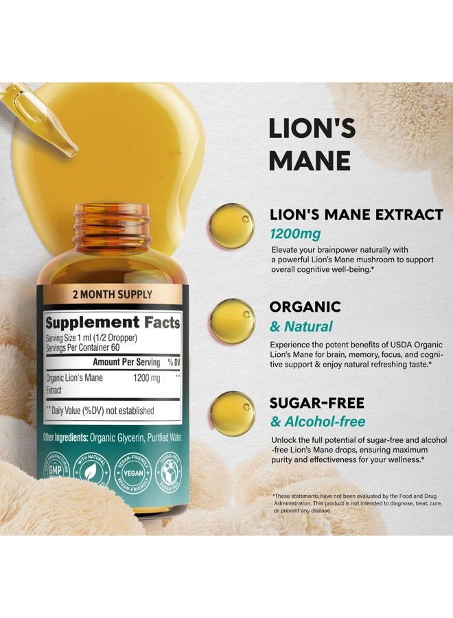 NUTRAHARMONY Lions Mane Liquid - USDA Certified Organic Lions Mane Supplement - Brain Support, Energy, Memory & Focus - Sugar & Alcohol-Free Lions Mane Mushroom Extract 72,000 mg/Bottle - 2 Fl OZ, 2 Month Supply - Image 4