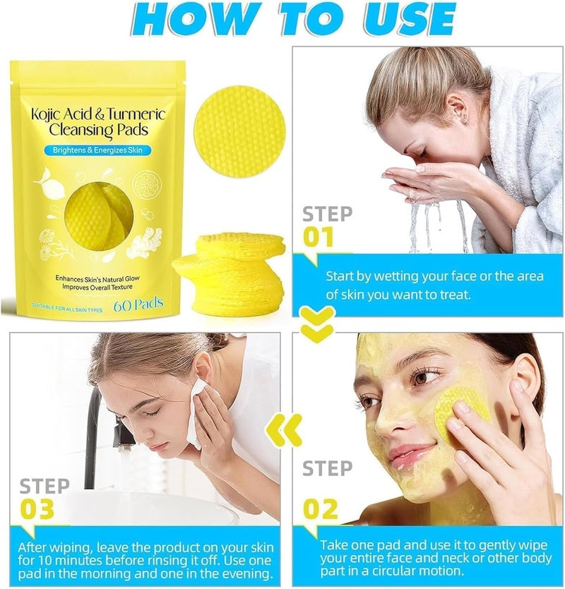 Turmeric & Kojic Acid Face Cleansing Foaming Pads for Dark Spots, Skin Brightening & Acne Prevention With Vitamin C, For All Skin Types Glow for All Skin Type [1 Pack](60 Pads) - Image 2