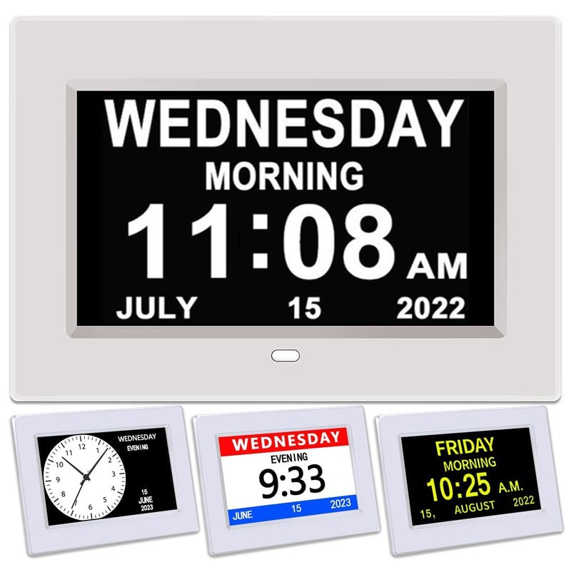 GTREX Clock with Day and Date for Elderly3 Colors Display Digital Calendar Alarm Clock Dementia Alzheimers Clock with Extra Large Display 7in White