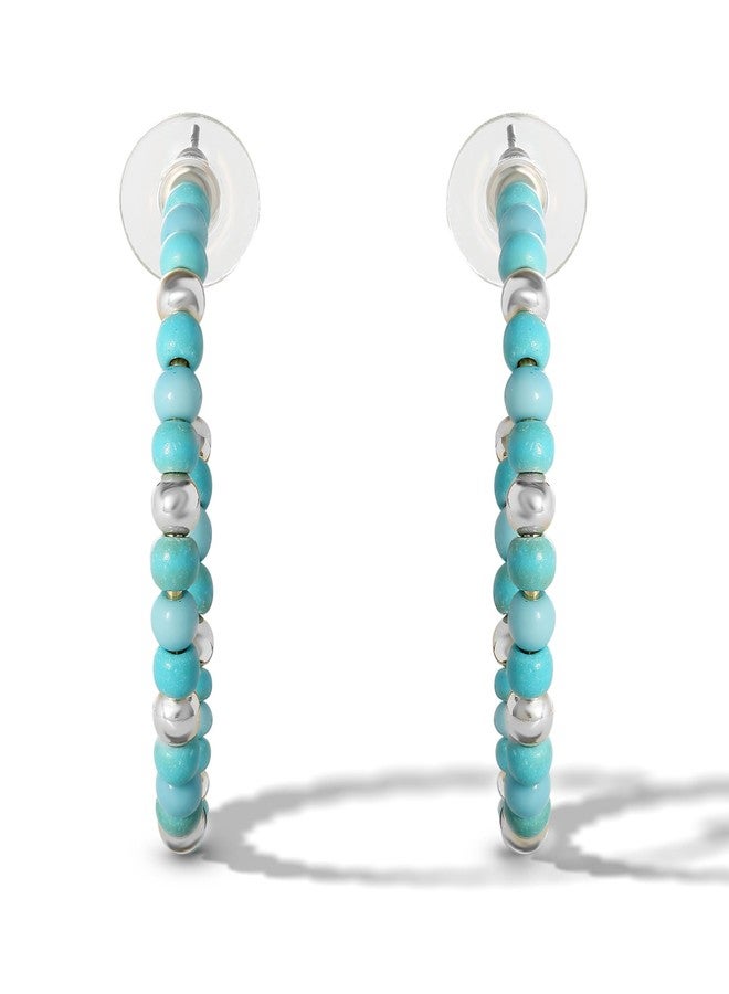 Jessica Simpson Womens Gold and Turquoise Bead Hoop Earrings - Silver-Tone Turquoise Hoop Earrings - Silver Hoops - Image 4