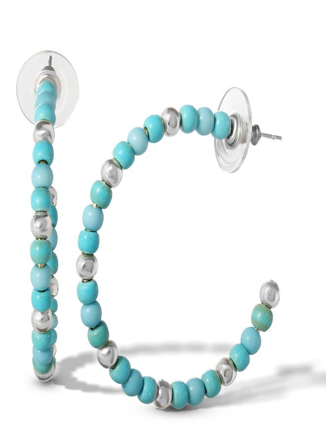 Jessica Simpson Womens Gold and Turquoise Bead Hoop Earrings - Silver-Tone Turquoise Hoop Earrings - Silver Hoops - Image 1