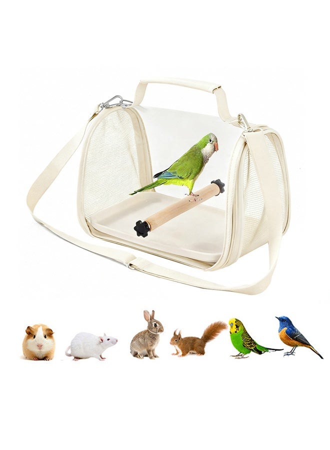 حقيبة حامل الطيور، حقيبة سفر للطيور الأليفة مع عمود خشبي للوقوف، حقيبة سفر شفافة للببغاء قابلة للحمل وذات تهوية جيدة، حامل خفيف الوزن للطيور والحيوانات الصغيرة، سلة سفر الطيور، حقيبة حامل للحيوانات الأليفة الصغيرة مع حزام كتف (بيج) - Image 1