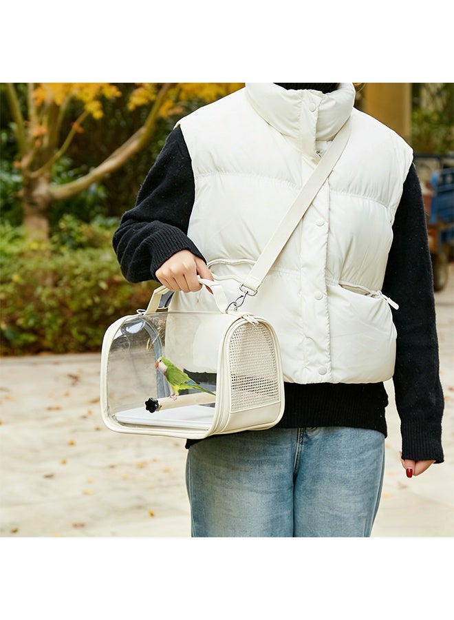حقيبة حامل الطيور، حقيبة سفر للطيور الأليفة مع عمود خشبي للوقوف، حقيبة سفر شفافة للببغاء قابلة للحمل وذات تهوية جيدة، حامل خفيف الوزن للطيور والحيوانات الصغيرة، سلة سفر الطيور، حقيبة حامل للحيوانات الأليفة الصغيرة مع حزام كتف (بيج) - Image 3
