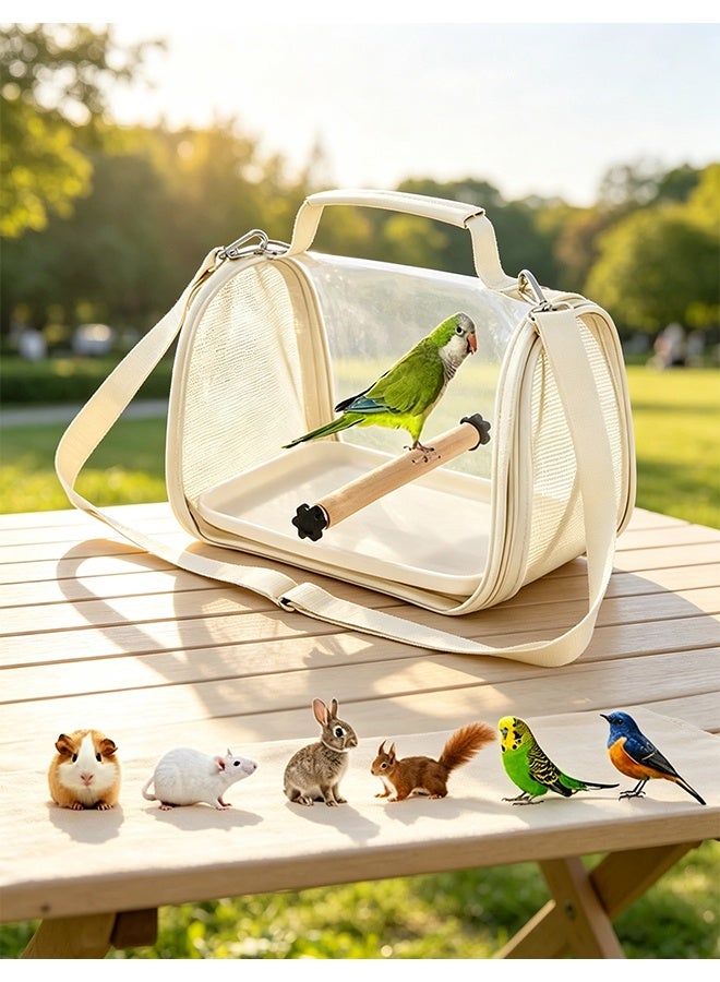 Bird Carrier Bag,Pet Bird Travel Bag with Standing Wooden Pole,Portable Parrot Carrier Transparent Breathable Travel Cage,Lightweight Bird&Small Animals Carrier, Bird Travel Cage, Small Pet Carrier Bag with Shoulder Strap (Beige) - Image 1