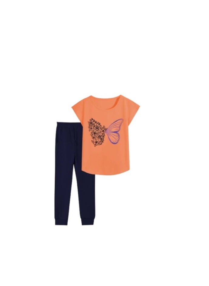 Girls' outfit, orange T-shirt with a drawing and blue pants - Image 1
