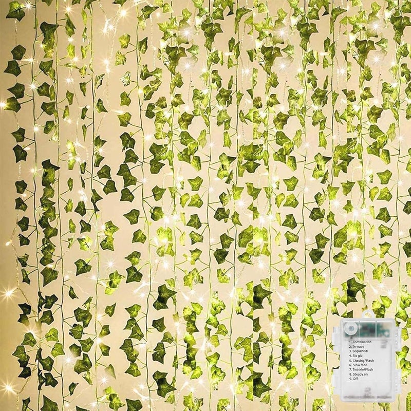 KASZOO 84Ft 12 Pack Artificial Ivy Garland Fake Plants, Vine Hanging Garland with 80 LED String Light, Hanging for Home Kitchen Garden Office Wedding Wall Decor, Green - Image 1