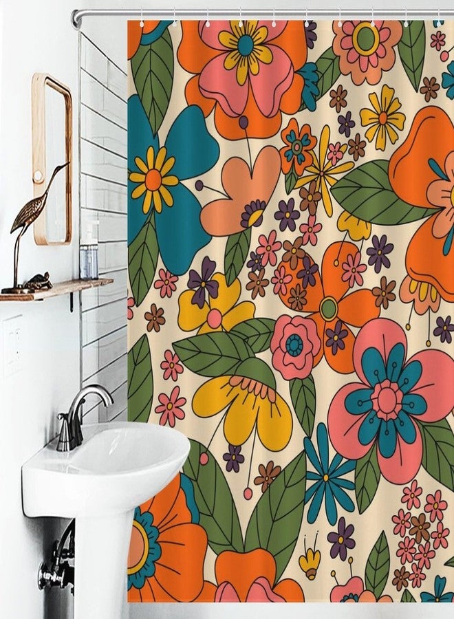 TKUYO Hippie Floral Shower Curtain, Retro 70s Vintage Orange Daisy Groovy Cute Flower Aesthetic Boho Funky Trippy Colorful Waterproof Fabric Bath Shower Curtain Set with Hooks, 72"x72" Inch - Image 3