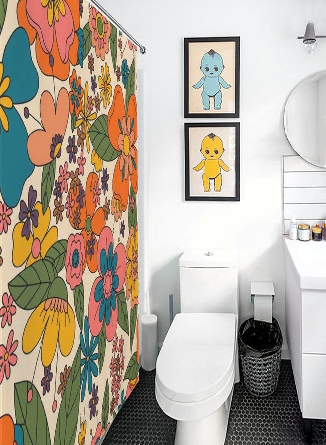 TKUYO Hippie Floral Shower Curtain, Retro 70s Vintage Orange Daisy Groovy Cute Flower Aesthetic Boho Funky Trippy Colorful Waterproof Fabric Bath Shower Curtain Set with Hooks, 72"x72" Inch - Image 4