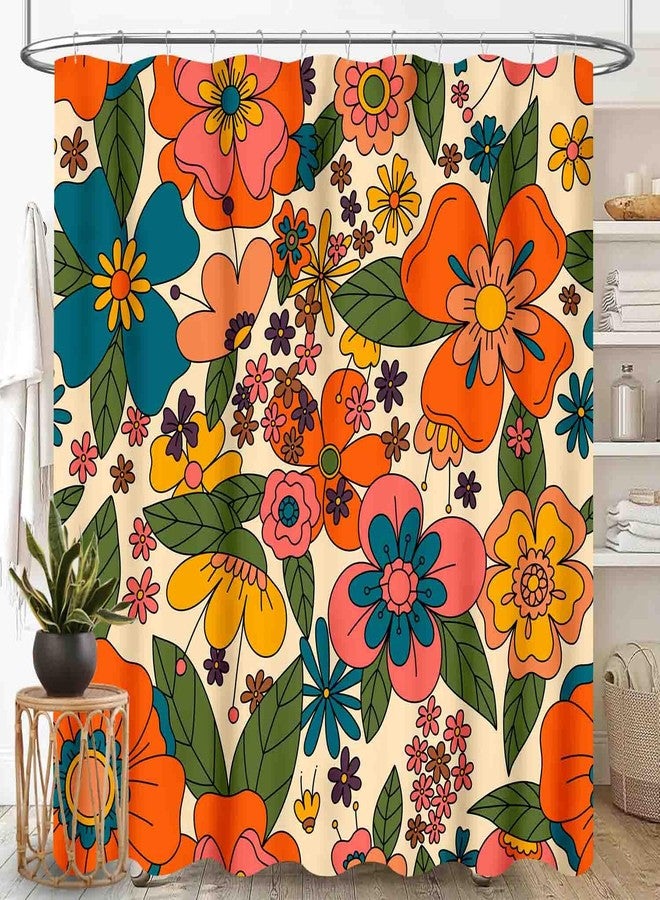 TKUYO Hippie Floral Shower Curtain, Retro 70s Vintage Orange Daisy Groovy Cute Flower Aesthetic Boho Funky Trippy Colorful Waterproof Fabric Bath Shower Curtain Set with Hooks, 72"x72" Inch - Image 1
