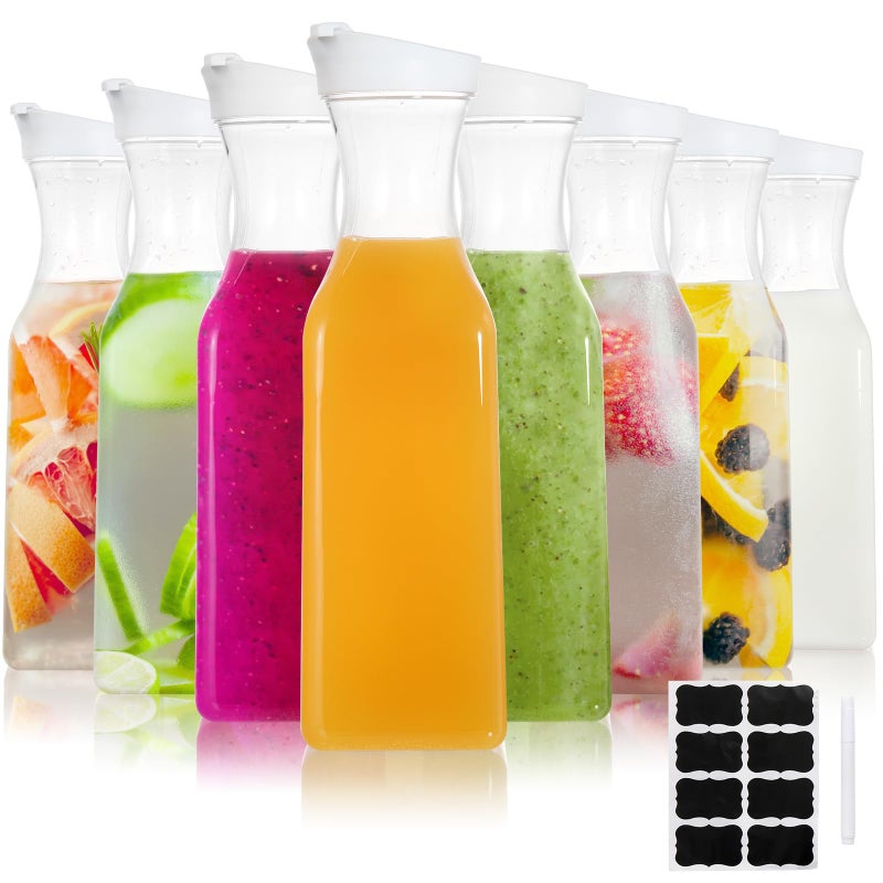 YOUEON 8 Pack 50 Oz Plastic Water Carafe with Lid and Label Clear Water Drink Containers Juice Carafe Pitcher Bulk for Water Juice Iced Tea Soda Lemonade and Other Beverages