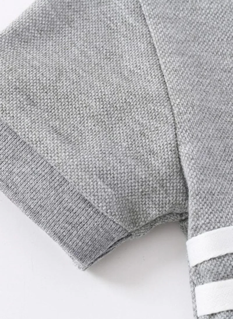 يونيكي Grey Striped Polo Collar Pure Cotton T-shirt