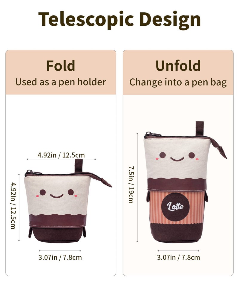 Sooez Cute Stand Up Pencil Case - Spacious Telescopic Pouch for School & Office Supplies, Brown Coffee - Image 2