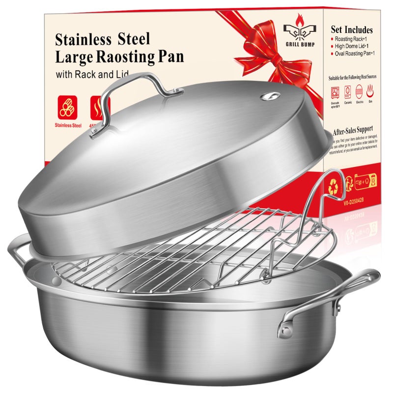 GRILL BUMP صينية الشواء GRILL BUMP 21x13x11 بوصة فضية مستطيلة من الفولاذ المقاوم للصدأ بسعة 25LB لطهي الديك الرومي والدجاج مع رف وغطاء