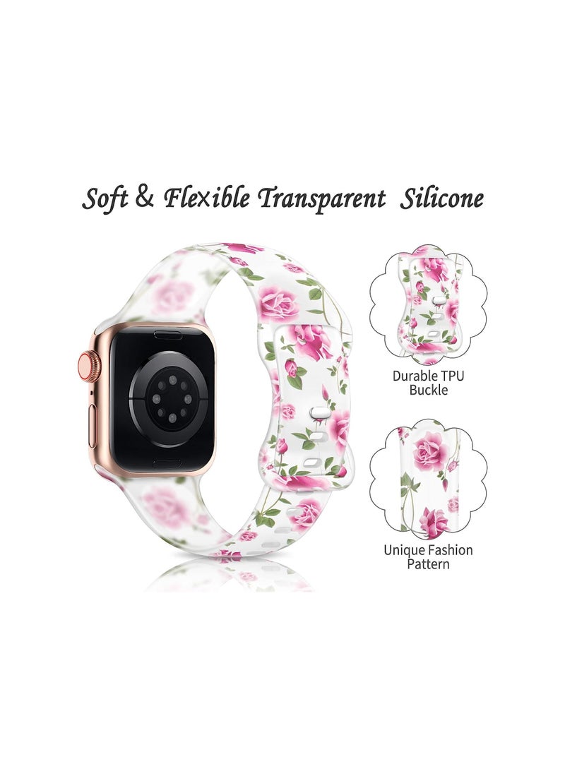 Y&D Apple Watch Transparent Cute Floral Silicone Bands, 38mm 40mm 41mm 42mm 44 mm 45mm Women Printed Fadeless Sport Band for iWatch SE Series 7 6 5 4 3 2 1  - Image 4