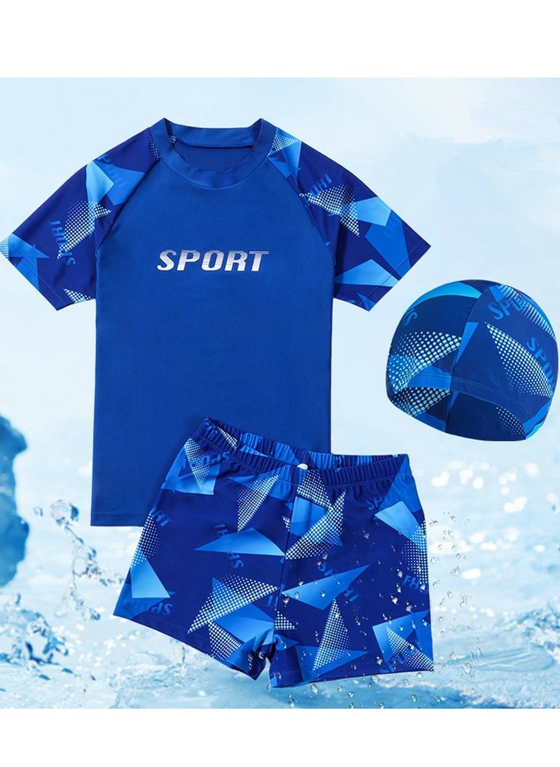 Loquat - Boys Printed Split Swimsuits Set Short Sleeve Swim Shirts With Trunks And Swim Cap Quick Dry Swim Set - Image 1