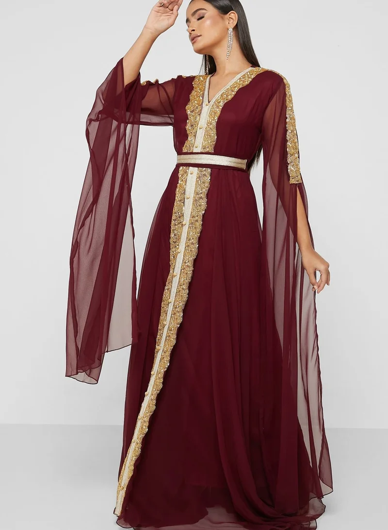 hayas closet Split Sleeve Embellished Button Detail Dress