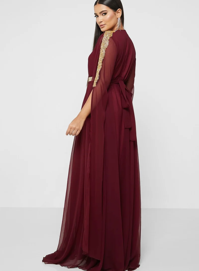 hayas closet Split Sleeve Embellished Button Detail Dress
